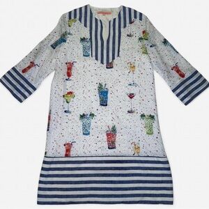Vilagallo Linen Tunic Dress with Cocktail Confetti Print and Blue Stripes
